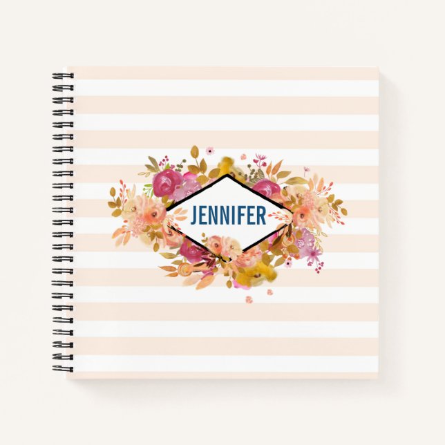 Orange & Pink Floral Bouquet w/ Diamond Frame Notebook (Front)