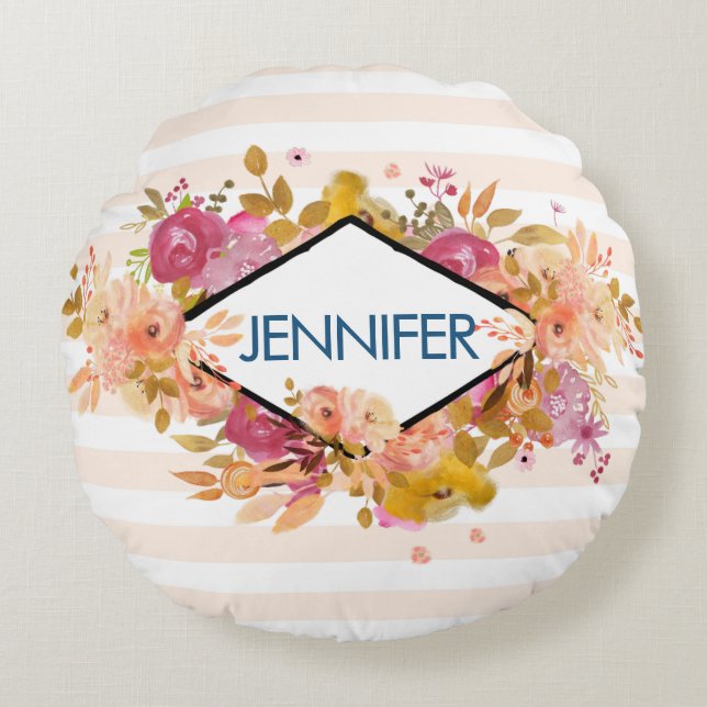 Orange & Pink Floral Bouquet w/ Diamond Frame Round Cushion (Front)