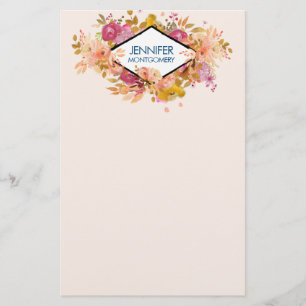Orange & Pink Floral Bouquet w/ Diamond Frame Stationery