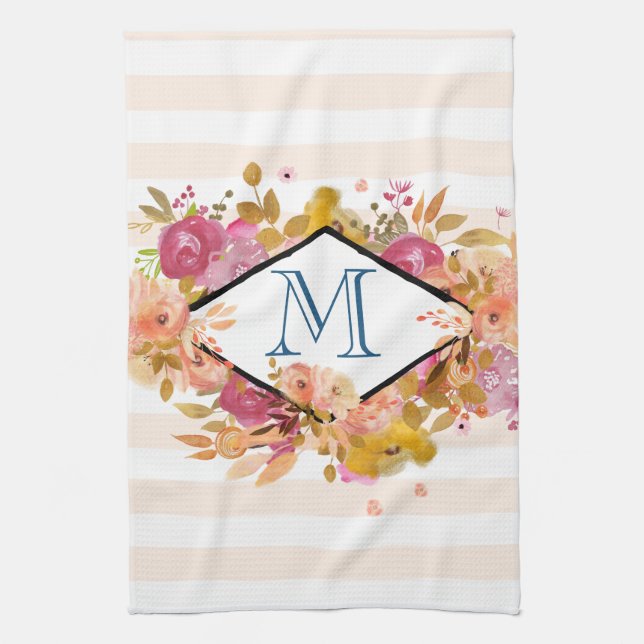 Orange & Pink Floral Bouquet w/ Diamond Frame Tea Towel