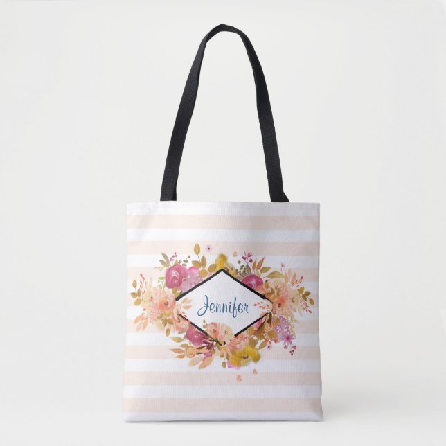 Orange & Pink Floral Bouquet w/ Diamond Frame Tote Bag (Front)