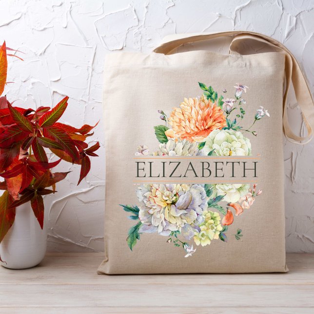  Orange Pink Floral Bridesmaid Monogram Name  Tote (Creator Uploaded)
