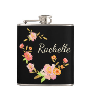 Orange & Pink Floral Custom Monogram Flask