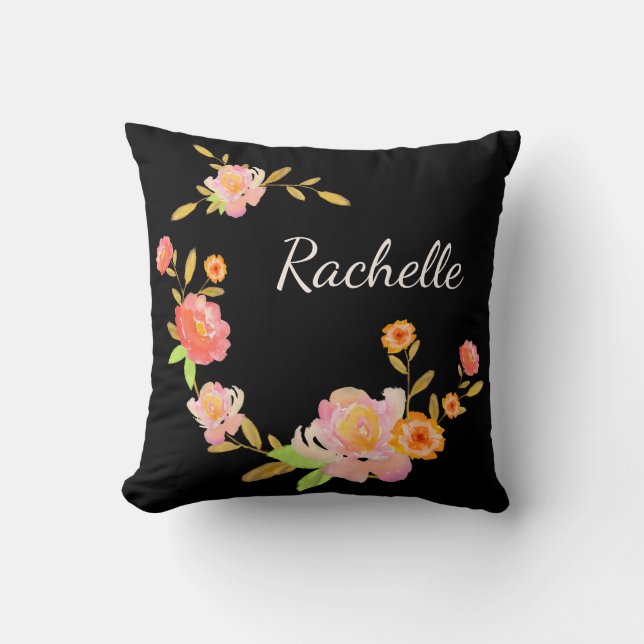 Orange & Pink Floral Custom Monogram Pillow (Front)