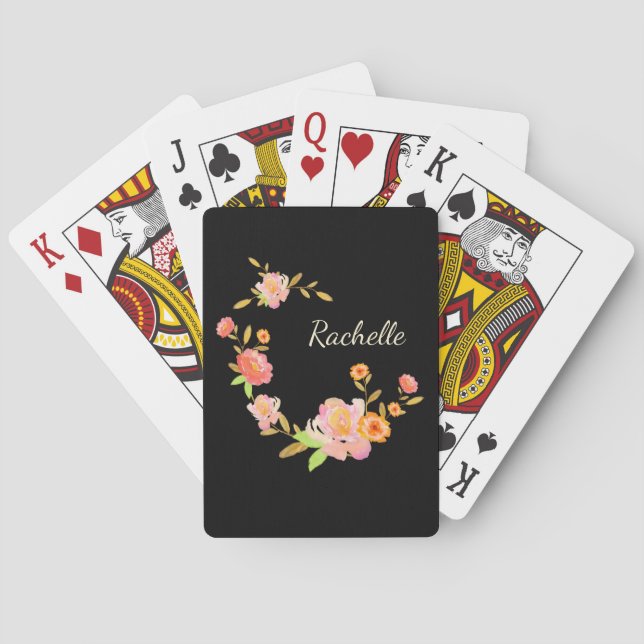 Orange & Pink Floral Custom Monogram Playing Cards (Back)