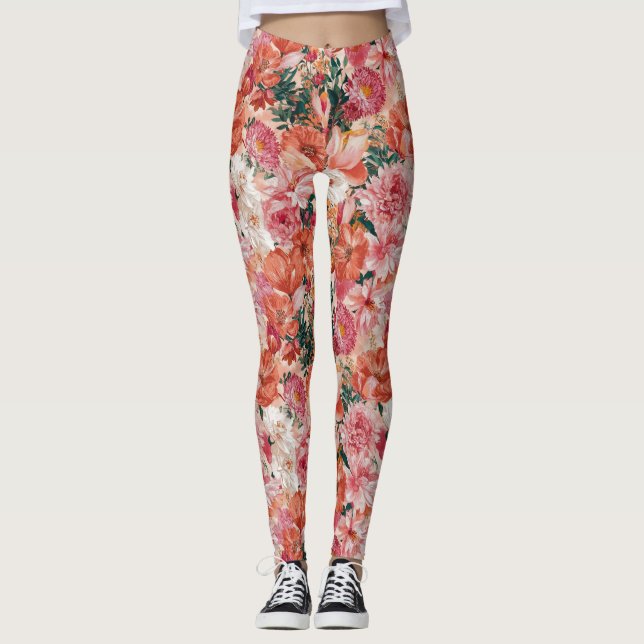 Orange Pink Floral Pattern Leggings (Front)