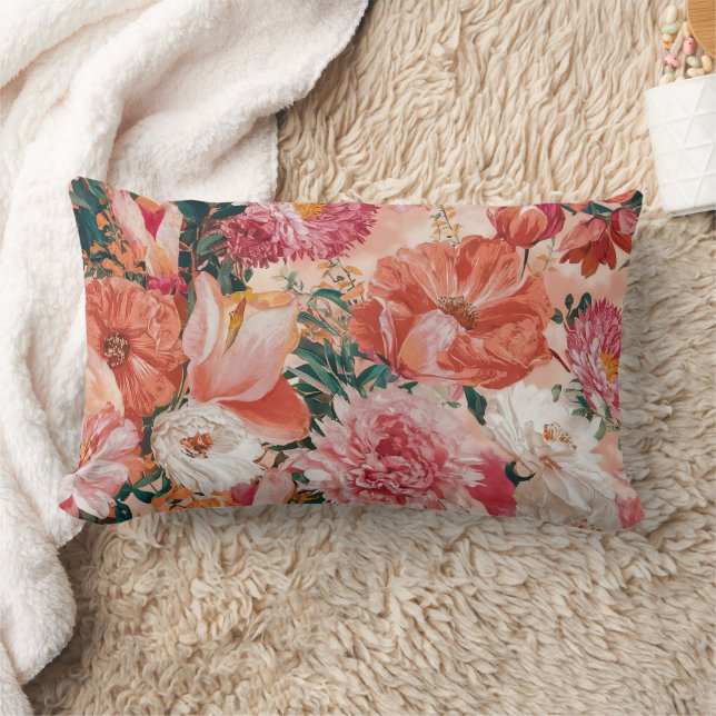 Orange Pink Floral Pattern Lumbar Cushion (Blanket)