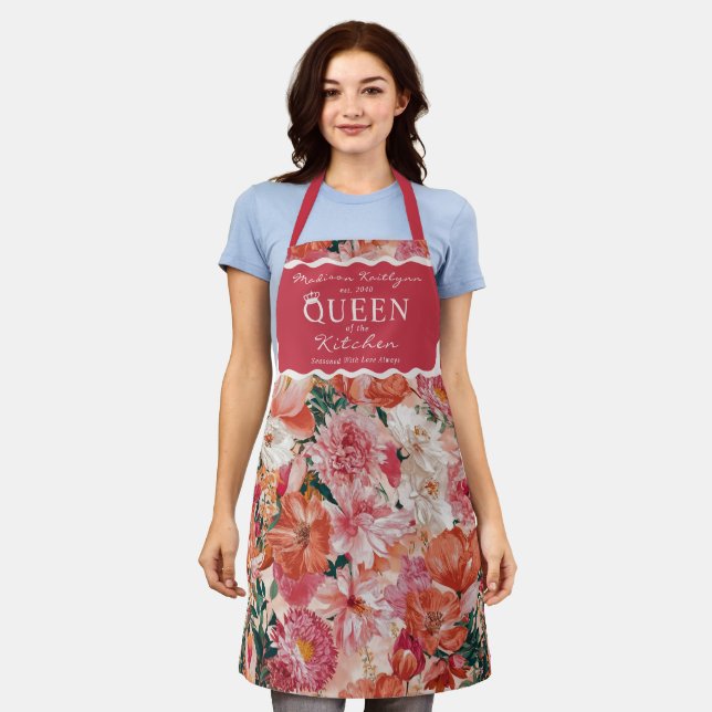 Orange Pink Floral Pattern Monogram Apron (Worn)