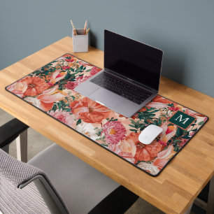 Orange Pink Floral Pattern Monogram Desk Mat