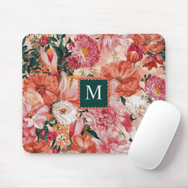 Orange Pink Floral Pattern Monogram Mouse Pad (With Mouse)