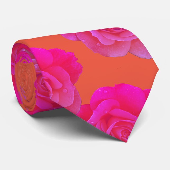 Orange Pink Floral Rose Modern Colourful Stylish Tie (Rolled)