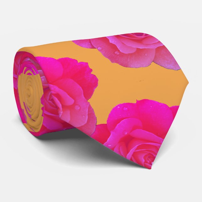 Orange Pink Floral Rose Stylish Gift Party Favor Tie (Rolled)