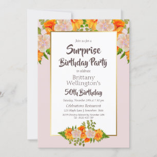 Orange Pink Floral Surprise 50th Birthday Party Invitation