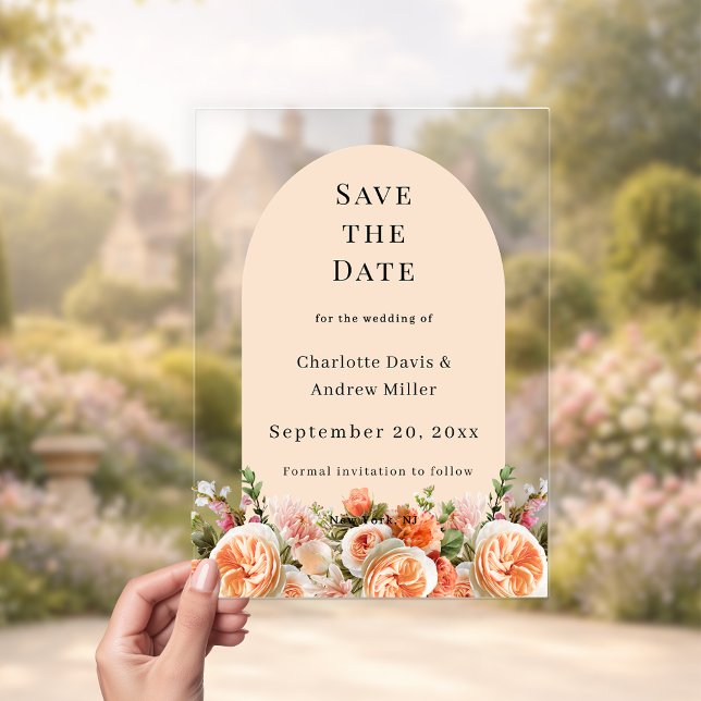 Orange pink floral wedding arac Save the Date Card Acrylic Invitations (Creator Uploaded)