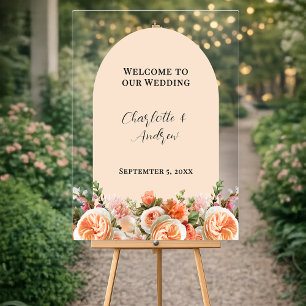 Orange pink florals arch clear wedding welcome acrylic sign