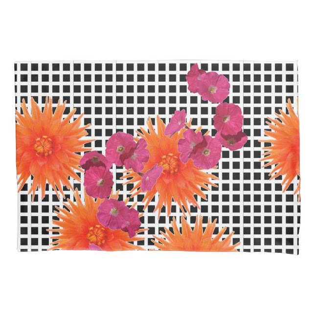 Orange Pink Flowers B/W Check Pair of Pillowcases (Front-Left)