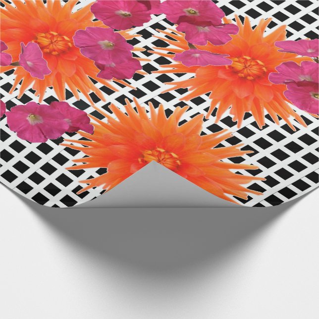 Orange Pink Flowers B/W Check Wrapping Paper (Corner)
