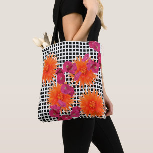 Orange Pink Flowers Black White Check Tote Bag