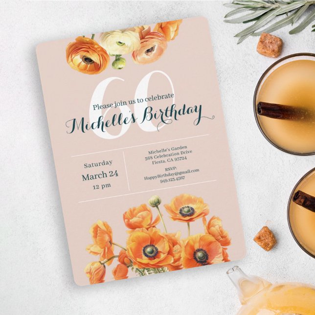Orange Pink Garden Floral 60th Birthday Party  Invitation (Creator Uploaded)