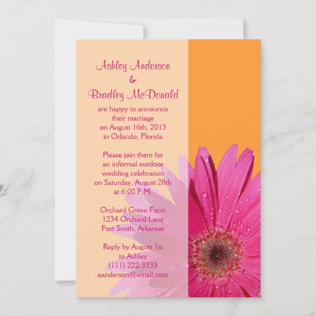 Orange Pink Gerbera Daisy Wedding Reception Only Invitation (Front)