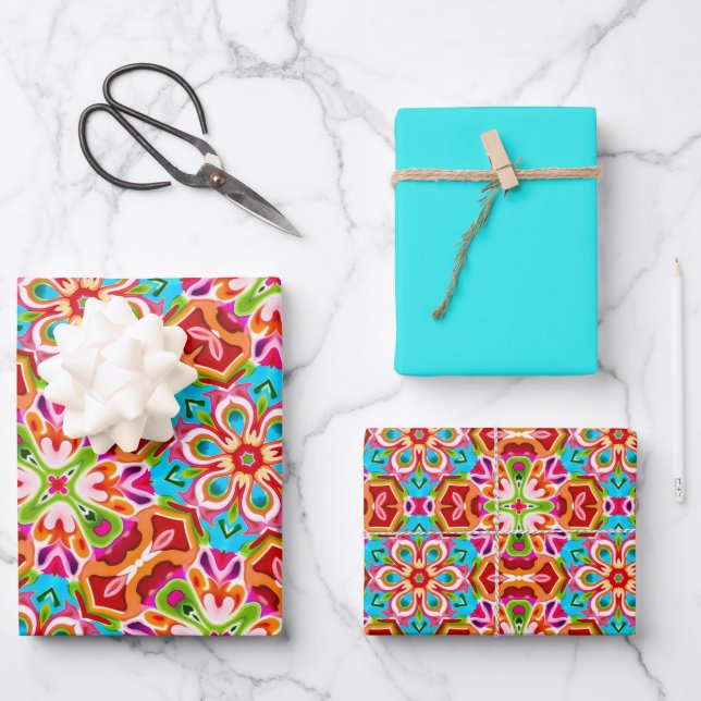 Orange, Pink, Green & Blue Pattern Wrapping Paper Sheet (Front)