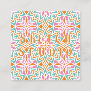 Orange Pink Green Tile Rainbow Emboss Square Business Card