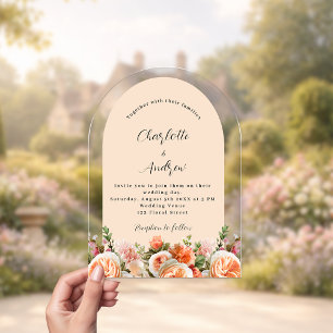 Orange pink peach florals arch clear wedding acrylic invitations
