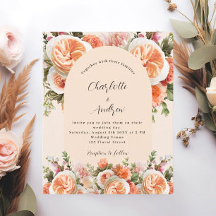 Orange pink peach florals arch wedding invitation