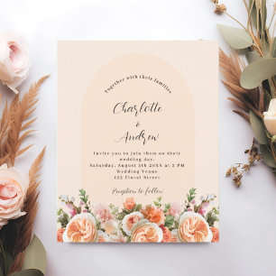 Orange pink peach florals arch wedding invitation