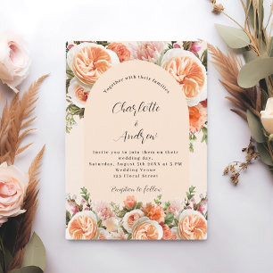 Orange pink peach florals arch wedding invitation