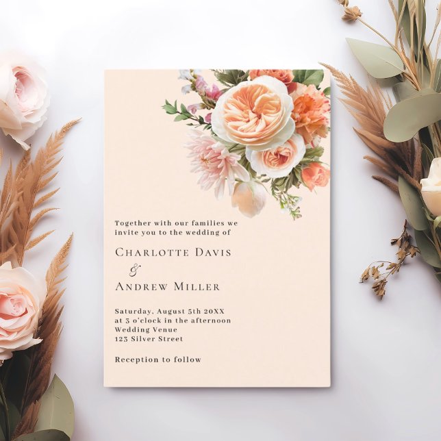 Orange pink peach florals wedding invitation (Creator Uploaded)