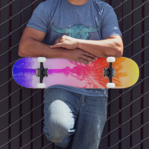 Orange Pink Purple Rainbow Ombre Palm Tree Cool Skateboard