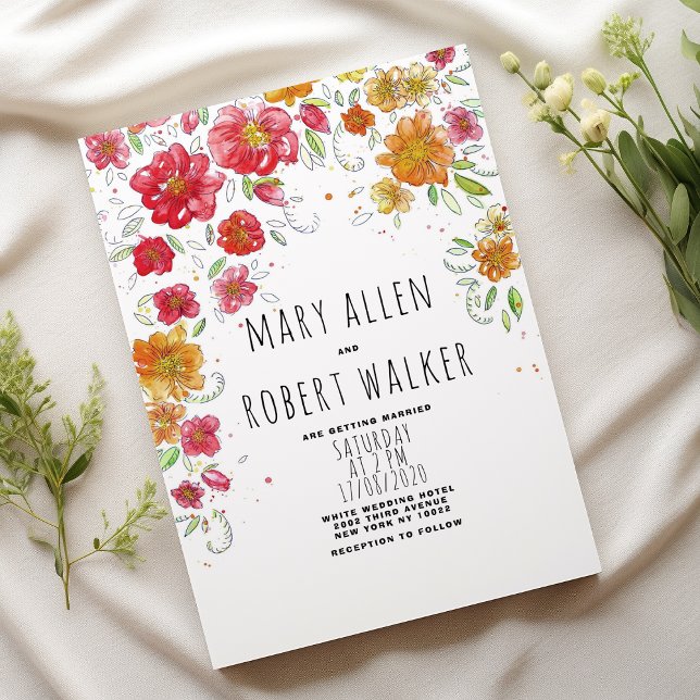 Orange pink red green floral country chic wedding  invitation (Orange pink red green floral country chic wedding)