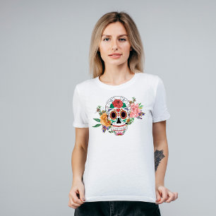 Orange Pink Rose Floral Sugar Skull T-Shirt