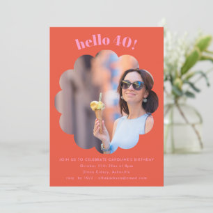Orange Pink Scalloped Photo 40th Forty Birthday Invitation