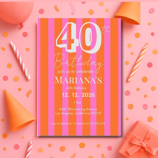  Orange Pink Stripes Modern 40th Birthday  Invitation (Creator Uploaded)