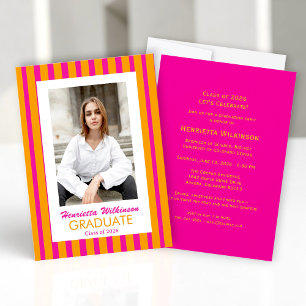 Orange Pink Stripes Photo Graduation Invitation