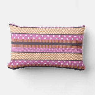 Orange & Pink Stripes Polka Dots Chevron Pattern Lumbar Cushion