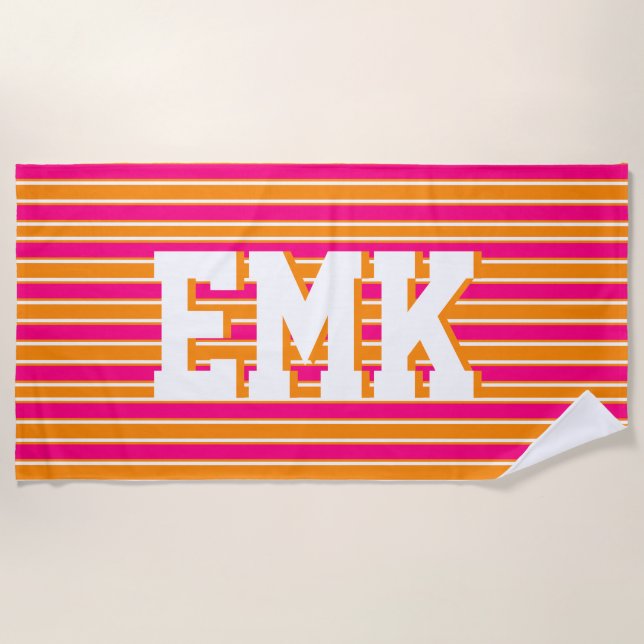Orange Pink Stripes Preppy Aesthetic Beach Towel (Front)