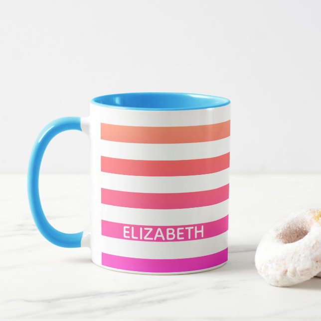 Orange & Pink Sunset Gradient Stripes Mug (With Donut)