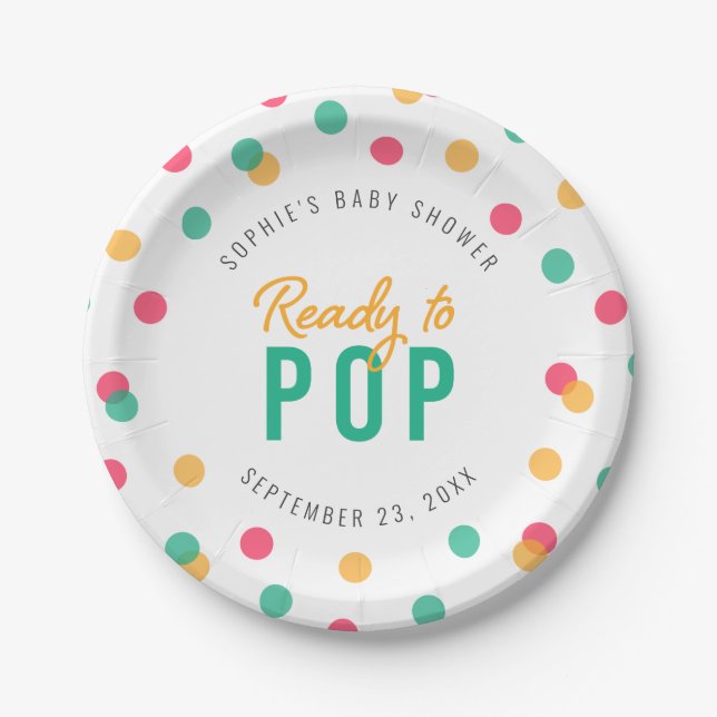Orange Pink Teal Confetti Ready to Pop Baby Shower Paper Plate (Front)