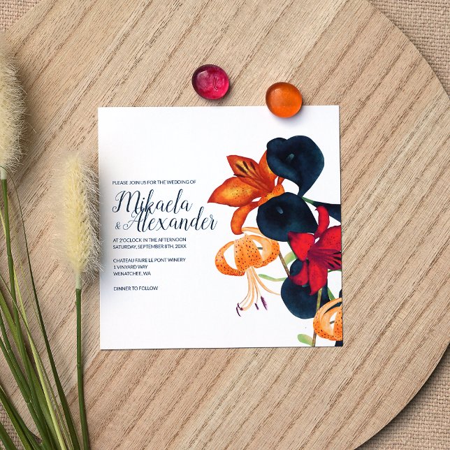Orange, Pink Tiger Lilies, Blue Calla Lily Wedding Invitation (Orange, Magenta, Navy Blue Fall Color Palette Wedding Invitations, Botanical Tiger Lilies)
