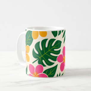Orange & Pink Tropical Flowers with Green Leaves Coffee Mug
