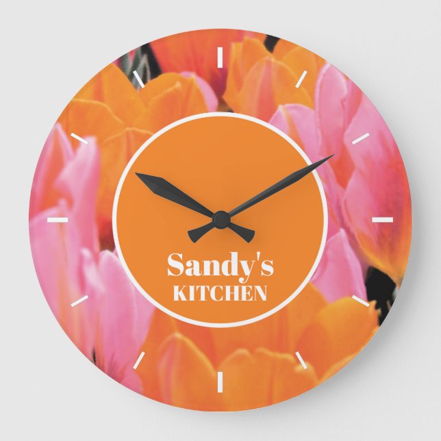 Orange & Pink Tulip Photo Personalised Large Clock (Front)