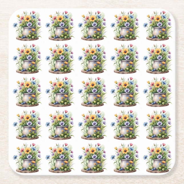 orange, pink, yellow, and blue flowers pattern square paper coaster (Front)