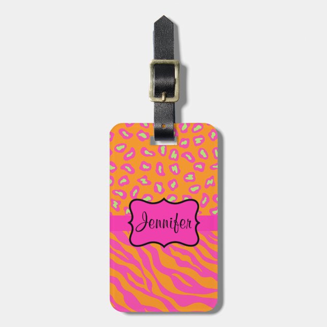 Orange & Pink Zebra & Cheetah Personalised Luggage Tag (Front Vertical)
