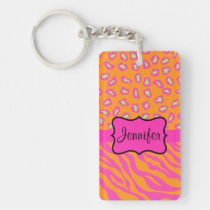 Orange & Pink Zebra & Cheetah Personalized Key Ring