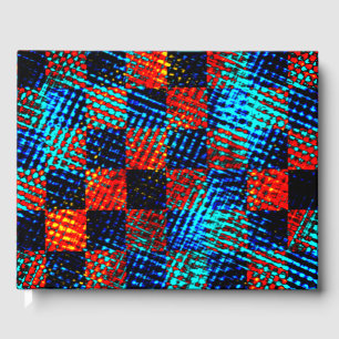 Orange plaid almost red, blue, and faux dirty guest book