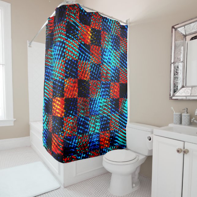 Orange plaid almost red, blue, and faux dirty  shower curtain (In Situ)