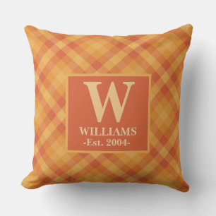 Orange Plaid Autumn FALL Monogram Family Name Cushion